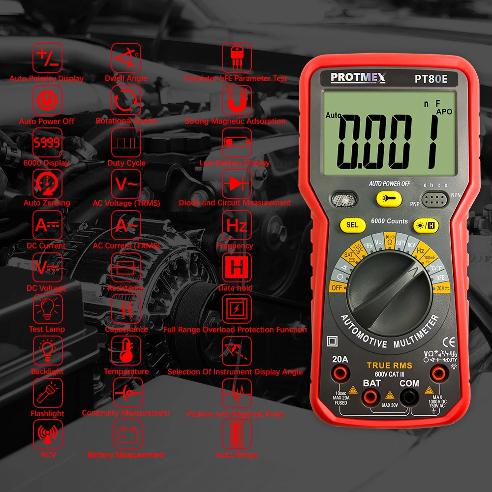 Protmex PT80B/80E 6000 отсчетов Цифровой Авто/Ручной Автомобильный мультиметр DC/AC напряжение, ток, сопротивление, Емкость Тестер