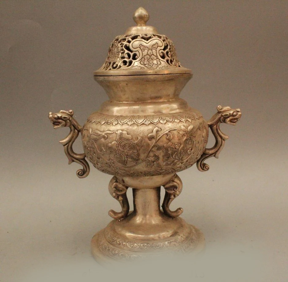 

DS 10"Marked Chinese China Silver Dragon elephant Statue Incense Burner Censer