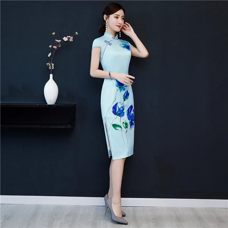 Весна Лето Мода Чонсам с цветами Длинные платья Синий элегантный тонкий Qi Pao женское китайское традиционное платье Плюс Размер Qipao