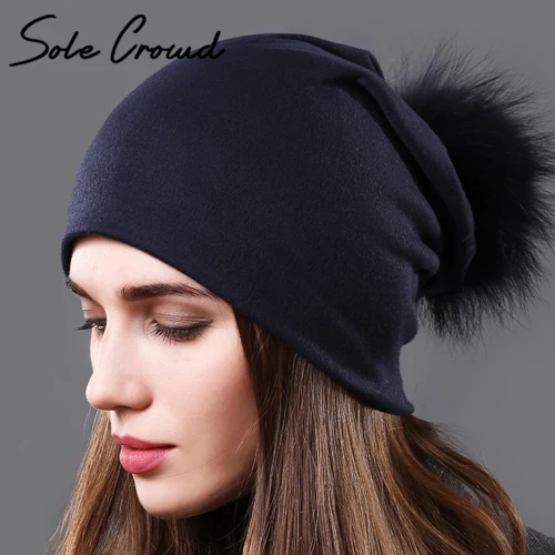 Шапки с помпонами из натурального меха енота, осенние шапки skullies beanies, женские модные однотонные кепки, зимняя теплая Женская хлопковая шапка - Цвет: Navy Navy POMPOM