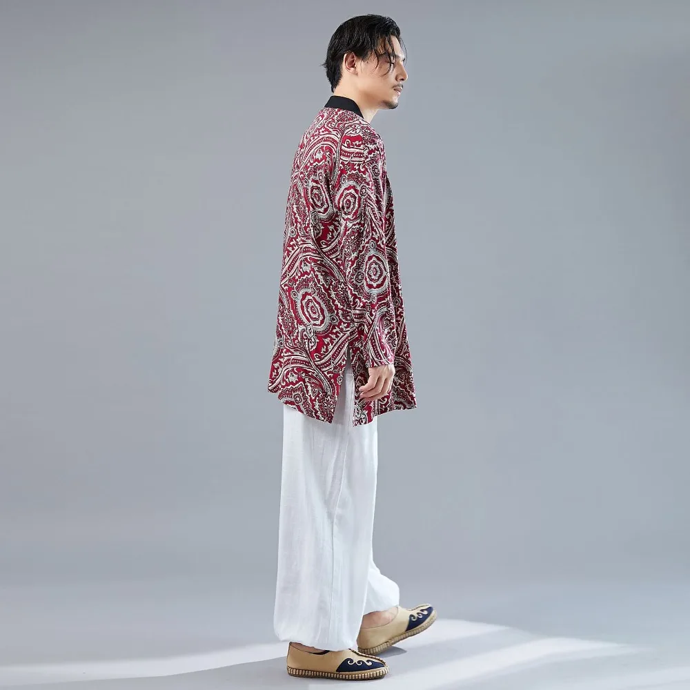 LZJN Long Sleeve Shirt Mens Summer Kimono Cardigan Casual Cotton Hanfu Contrast Color Blouse Male Open Front Trenchcoat (8)