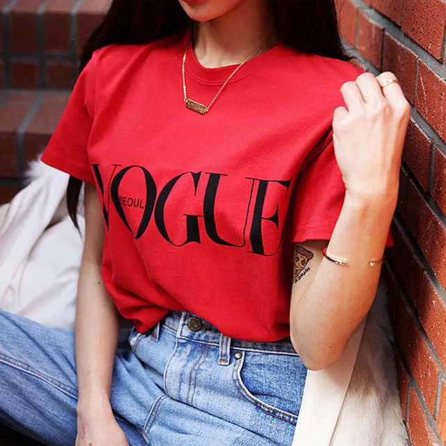 Fashion Summer Girl Short Sleeve Tops Clothes for Women VOGUE Letter Printed Harajuku T Shirt Red Black female T-shirt Camisas 1