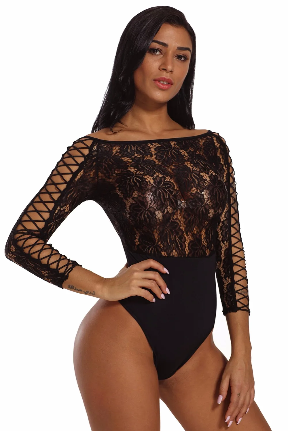 Black-Lace-Lattice-Sleeve-Bodysuit-LC32092-2-7
