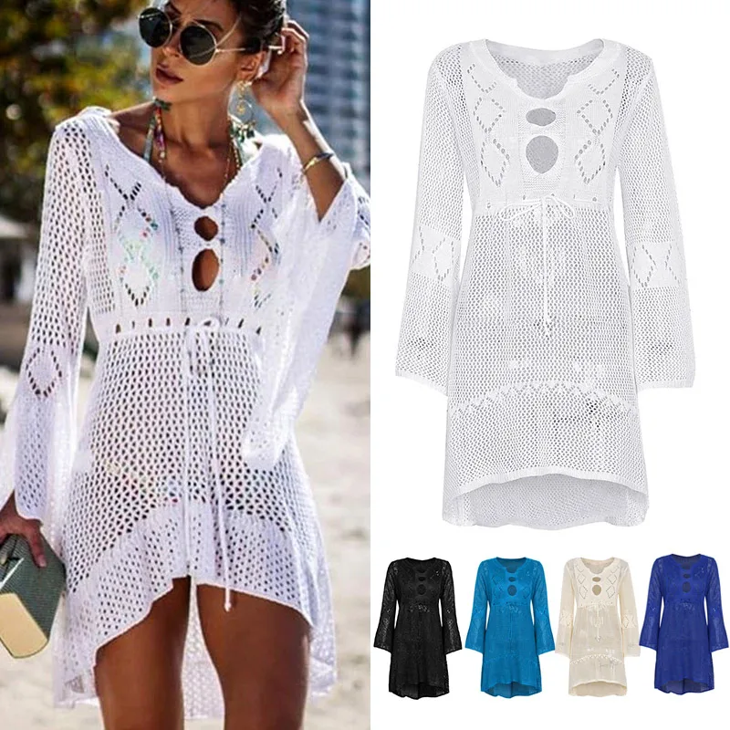 

Women Crochet Knitted Beach Bikinis Cover Up Tunic Long Sleeve Hollow Beachwear FG66