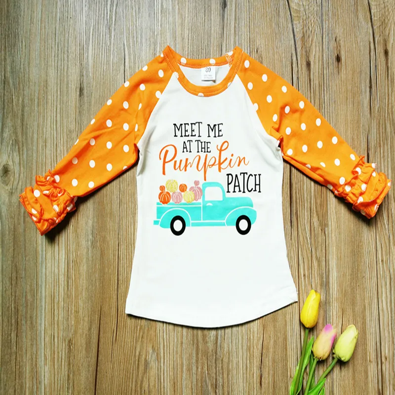 

Baby Halloween orange shirt Kids Unisex letter pumpkin print Tops Toddler ruffle Sleeve Autumn tops for 1-7T