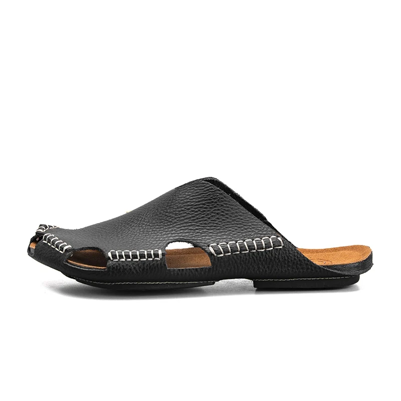 Мужские открытые сандалии из воловьей кожи с закрытым носком; летняя пляжная обувь; спортивная обувь для туризма - Цвет: Черный