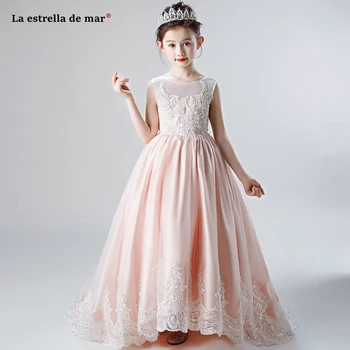 

Vestidos de novia 2019 new Scoop neck tulle satin applique ALine peach pink flower girl dress trailing primera comunion custom