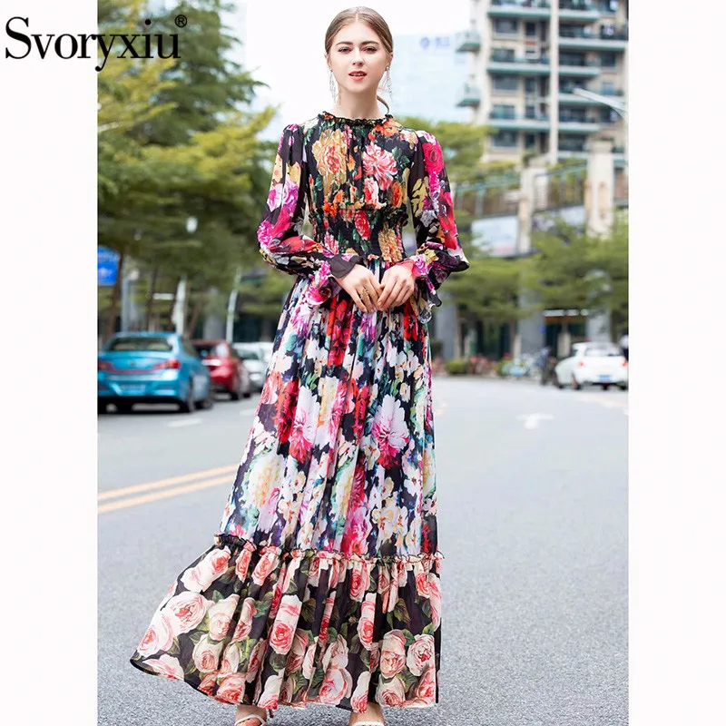 

Svoryxiu Elegant Runway Spring Summer Long Sleeve Maxi Dress Women's Romantic Beach Vacation Bohemian Flower Print Maxi Dresses