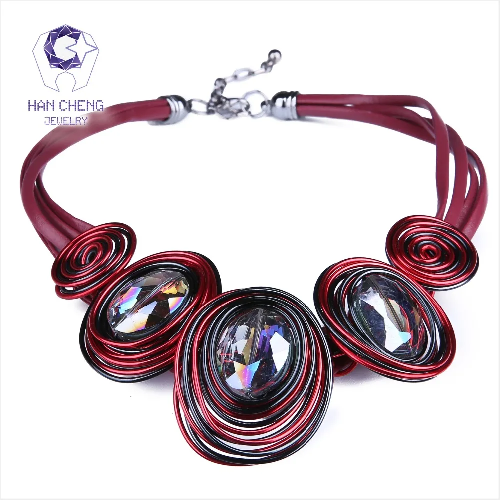 

HanCheng New Fashion Leather Rope Handwork Created Crystal Choker Necklace Women Necklaces Statement collar jewelry bijoux