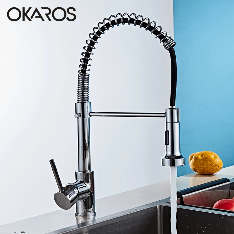  OKARO Chrome Finished Kitchen Faucet Pull Out Spring Style Swivel Dual Sprayer Outlet Nozzle Water  - 32845665475