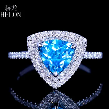 

HELON 7x7mm Trillion 1.5ct Bule Topaz Ring Solid 14k White Gold Fine Diamonds Engagement Wedding Ring Beautiful Jewelry Women