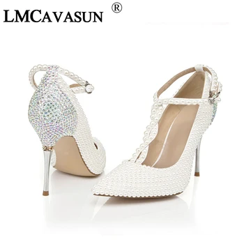 

LMCAVASUN Women Pumps High Heels Platform Pearls rhinestone Wedding Shoes Bride Dress Shoes all heel height