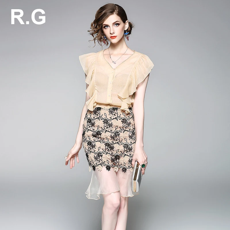 RG Women Elegant Mermaid Skirt Suit Set OL Chiffon Ruffle Sleeveless