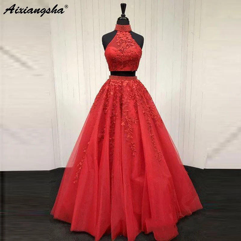 

100% Real Photo Lace Appliqued Two Piece Prom Dresses Long Cheap Halter Ball Gowns Formal Party Dress vestido largo fiesta