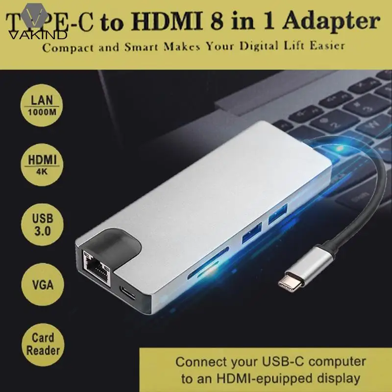 

8 in 1 Aluminum Alloy Type-C Hub Splitter USB-C to RJ45 Lan HDMI VGA Adapter USB 3.0 HUB SD Card Reader Converter
