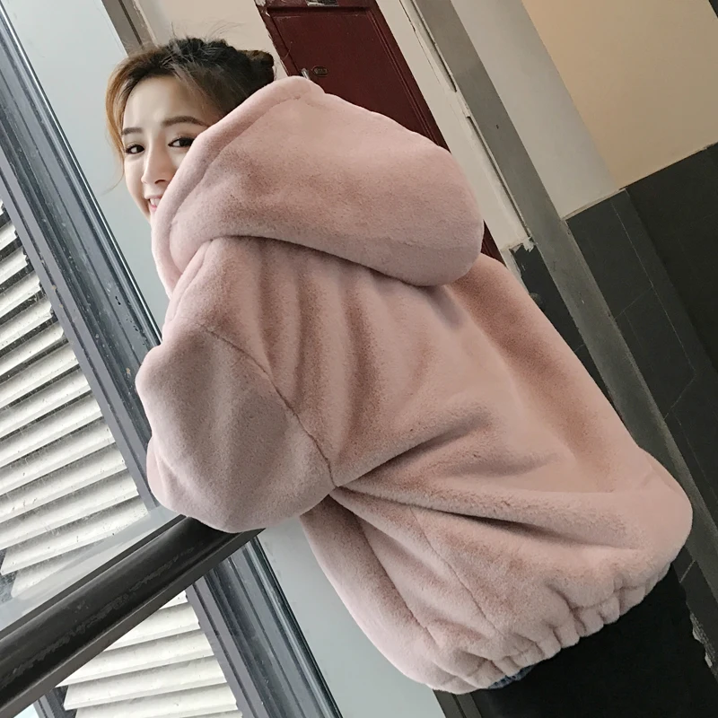 Court Imitation Femelle Faux Version 2018 Mode En Lapin Manteau Rex Fourrure De Et D'hiver Peluche Nouvelle rose À Beige L'épaisse Coréenne noir Capuchon Automne PUwxUqvX