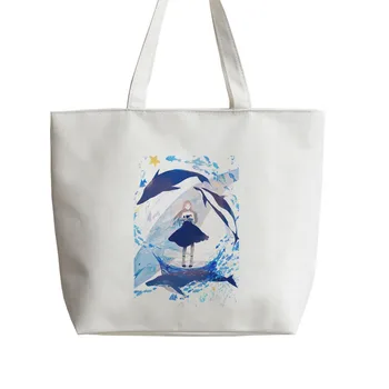 

Dolphin, Starfish Japanese Anime Canvas Tote bags Cartoon Shopping bag school Shoulder Bag AN170