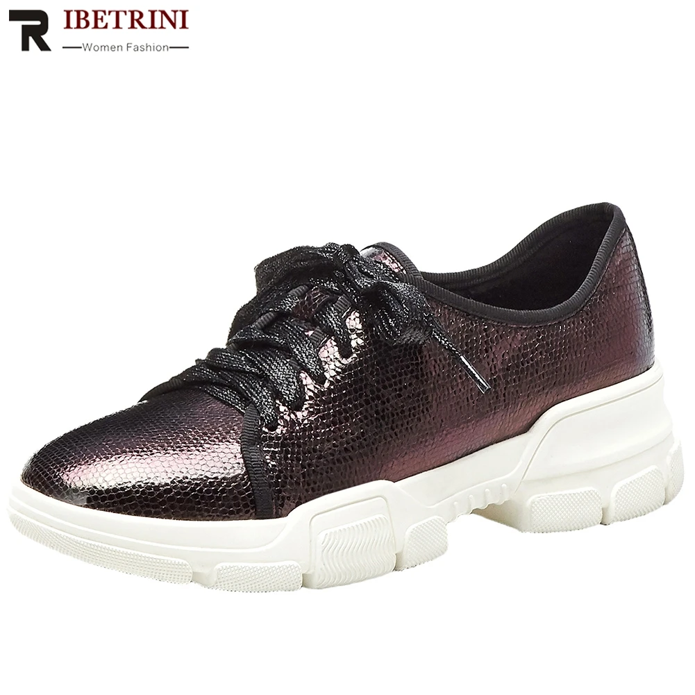 

RIBETRINI New Fashion Size 34-40 Solid INS Sneakers Shoes Woman Lace Up Flat Platform Hot Sale Summer Woman Shoes Women