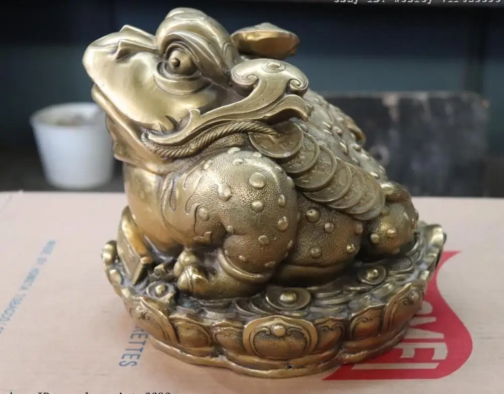 

Chinese Folk Brass Copper Lotus Wealth Ruyi Yuan Bao Money Golden Toad Statue