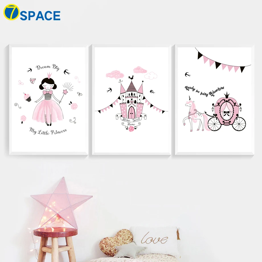 

7-Space Canvas Painting Princess Castle Pumpkin Coach Nordic Posters And Prints Wall Art Canvas Nursery Nordic Style Kids Room