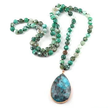 

New Fashion Bohemian Jewelry Natural Stone Green Dot Knotted Stone Drop Pendant Women Necklace