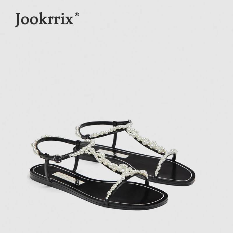 

Jookrrix 2018 Rome Style Summer Fashion Retro Sweet Girls Flats Pearl Shoe Women Gladiators Sandals Youth Lady Beach Slippers