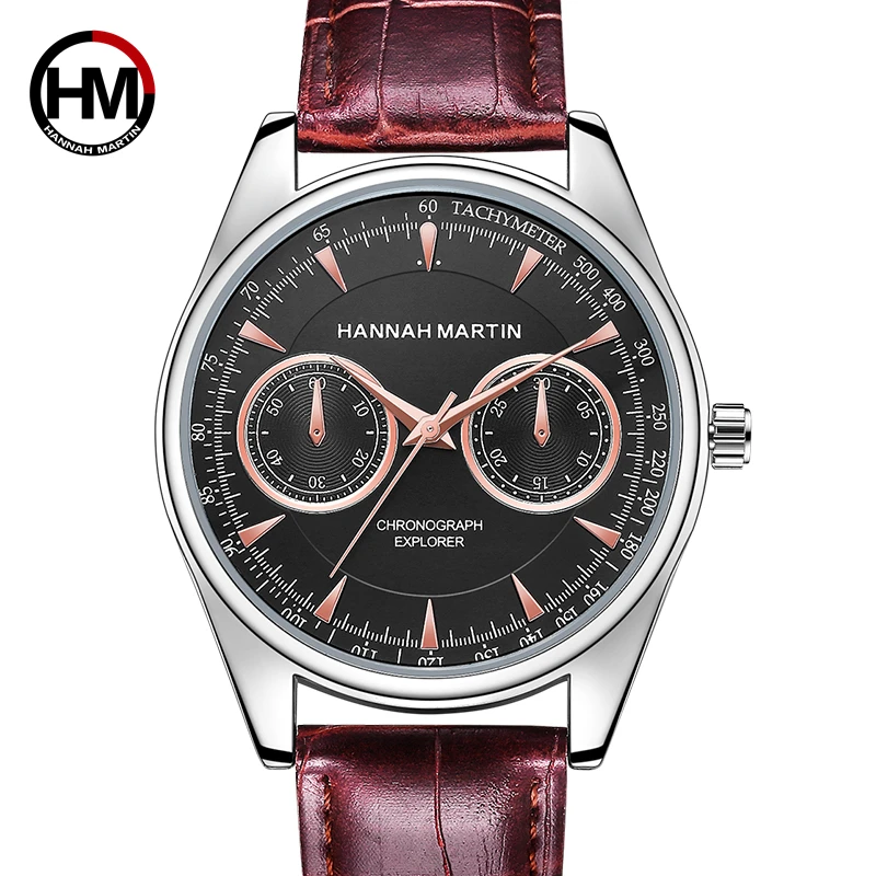 

Hannah Martin Watch Men Luxury Brown Men's Quartz Wristwatch Waterproof Chronograph Explorer Leather Strap Relogio Masculino