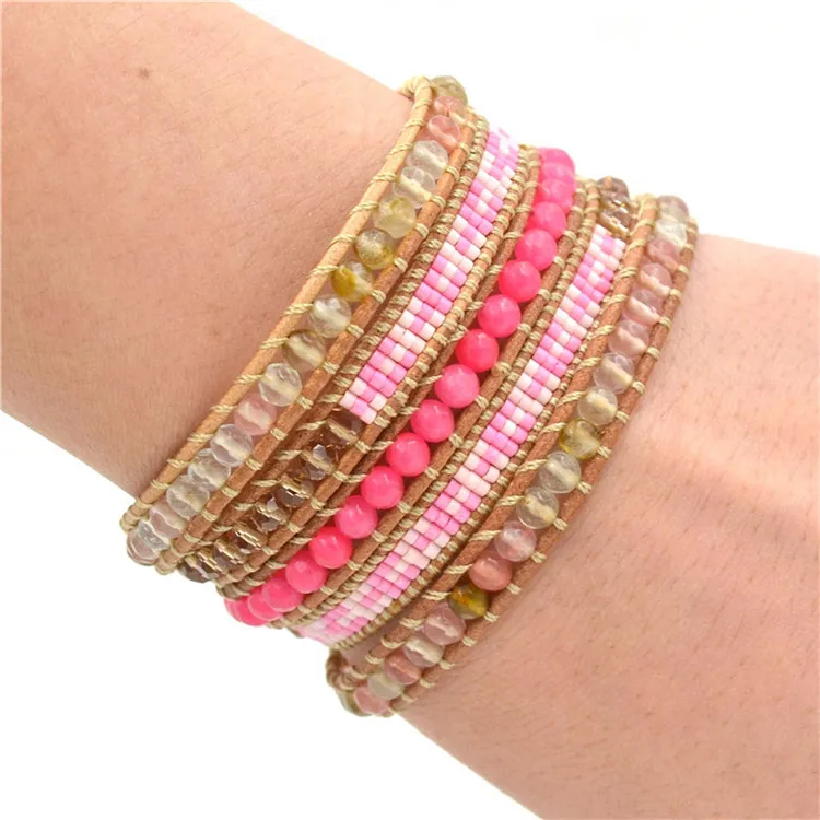 Мода Розовый кристалл браслет-спираль из бисера для Для женщин бисер дизайн ручной Многослойные восковой шнур браслет дамское украшение
