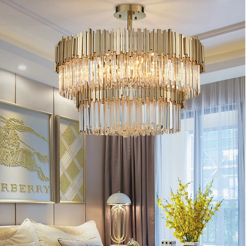 Sala de estar de lujo de acero dorado redondo Lustre K9 luces colgantes de cristal Led Luminaria lámpara colgante iluminación interior Lamparas accesorio Sala de estar de lujo de acero dorado redondo Lustre K9 luces colgantes de cristal Led Luminaria lámpara colgante iluminación interior Lamparas accesorio