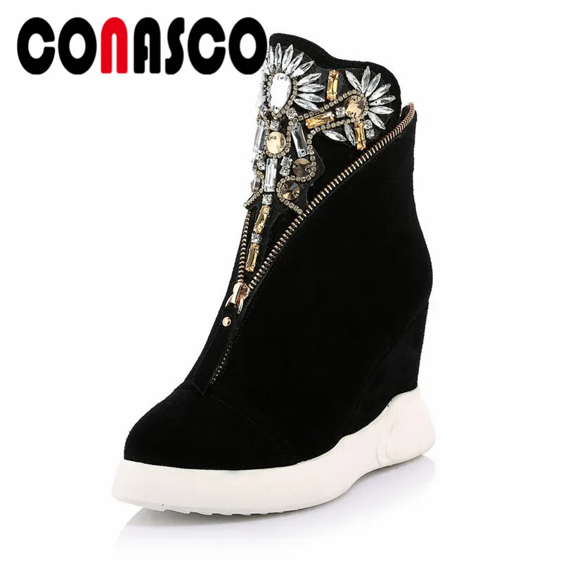 

CONASCO Brand Women Rhinestone Wedding Party Shoes Woman Wedges High Heeled Zipper Short Martin Shoes Female Martin Boots