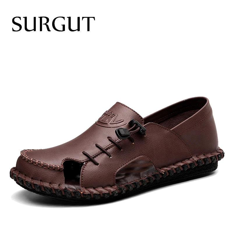 

SURGUT Brand New 2020 Summer Hollow Out Beach Sandals Men Genuine Leather Shoes Non-slip Men's Sandals Male Footwear Size 38~44