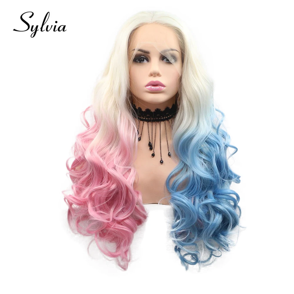 Sylvia Platinum Blonde to Blue/Pink Ombre Body Wave Synthetic Lace Front Wigs Natural Half Blue/pink Heat Resistant Fiber Hair pink platinum плащ pp702644