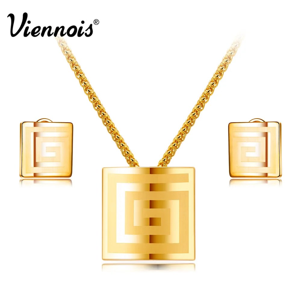 

Viennois Jewelry Set Women Yellow Gold Color Jewelry Set Laser Print Set Egyptian Pendant Necklace Square Stud Earrings Sets