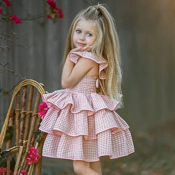 

New Summer Baby Girls Dress European and American Plaid Flying Sleeve Princess Dresses Party Dress for 1-4T Children
