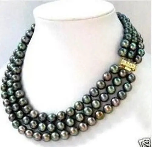 

3 Row 7-8MM Natural Black akoya Pearl Necklace 17"18"19" AAA