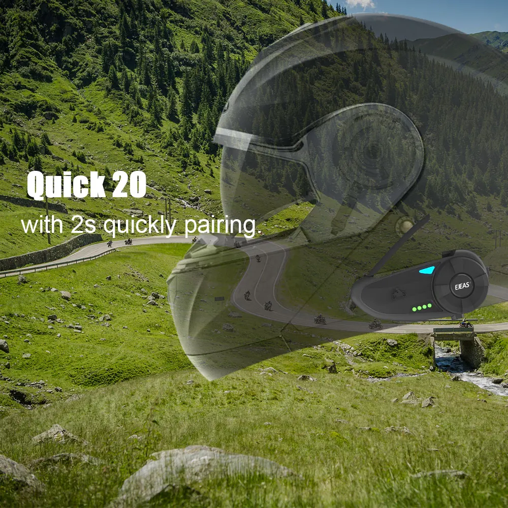 EJEAS Quick20 Bluetooth 4,2 мотоциклетная гарнитура, гарнитура Raid Pair 1,2 км с fm-радио поворотным индикатором батареи для 2 гонщиков