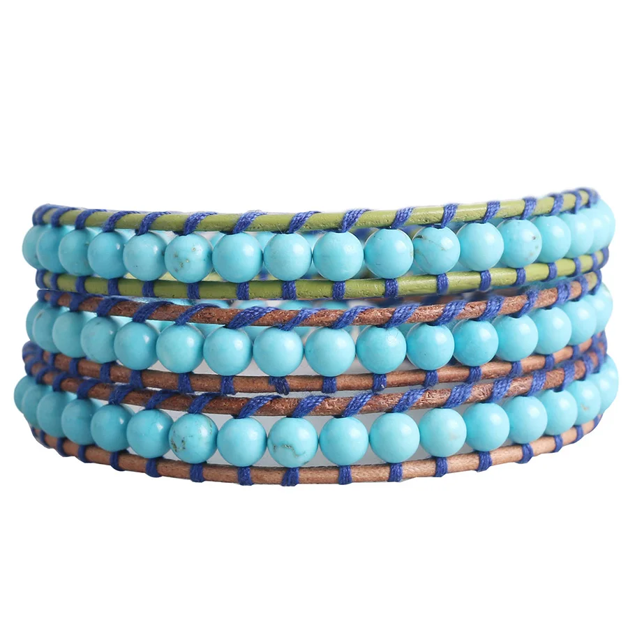 Boho Leather 3 Wraps Bracelet Blue Beaded Strand Stacking Bracelet Adjustable Women Girl Unisex Gift Handmade Casual Jewelry