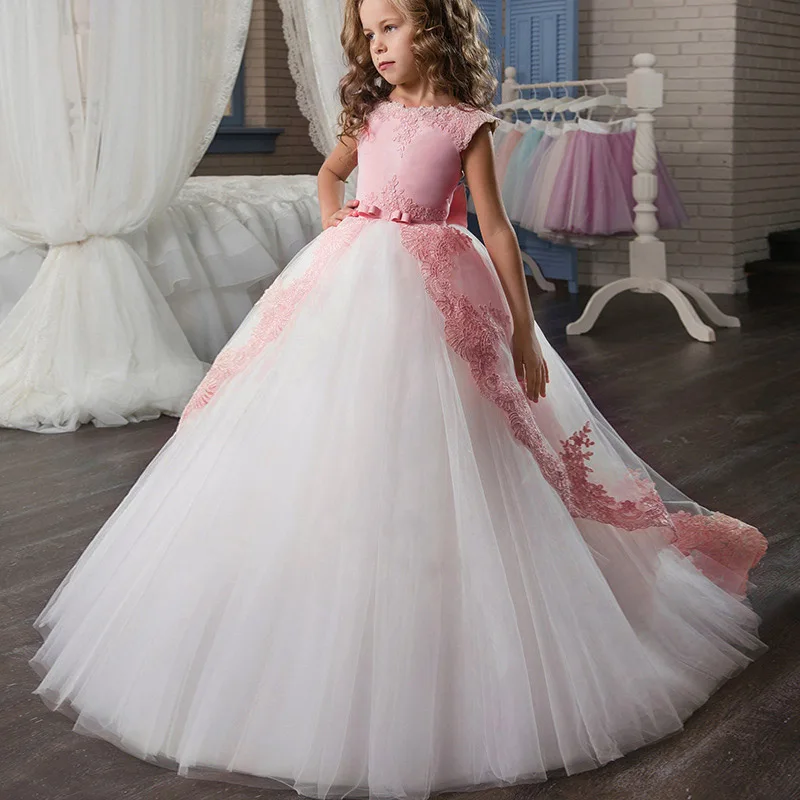 Flower Girl Wedding Party Little Bridesmaid Banquet Tail Embroidery Dress Girl's Birthday Party Dinner Party First Dinner Dress