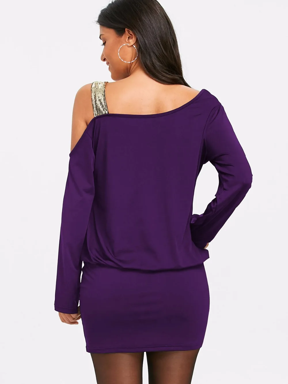 VESTLINDA Long Sleeve Sequins Cold Shoulder Blouson Dress Robe Female Casual Skew Collar Mini Bodycon Dresses Vestidos De Festa 15