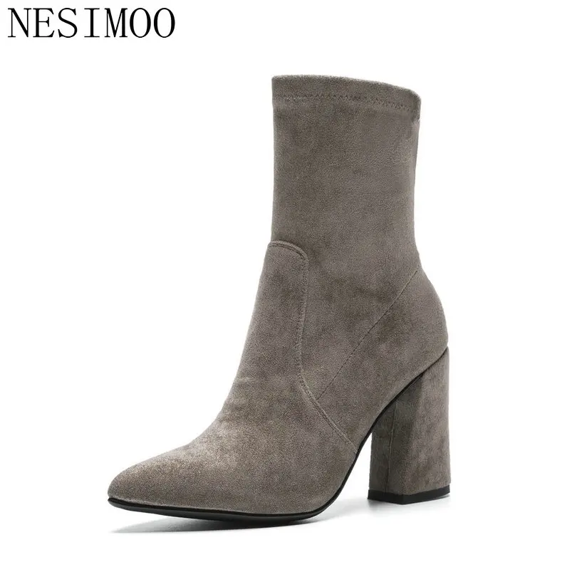 

NESIMOO 2019 Shoes Woman Ankle Boots Hoof High Heel Flock+PU Leather Black Gray Pointed Toe Ladies Motorcycle Boots Size 34-43