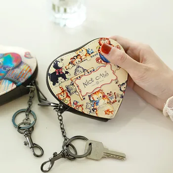 

Cartoon Animal Printing Heart-shaped Coin Purses Chains Key Holders Fashion Short Mini Women Coin Purses Wallet