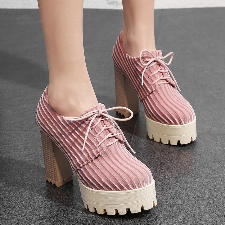 

PXELENA Deep Pumps Women Chunky Block Square High Heel Shoes Punk Rock Goth Shoe Thick Platform Lace Up 2019 Spring New Plus Sz