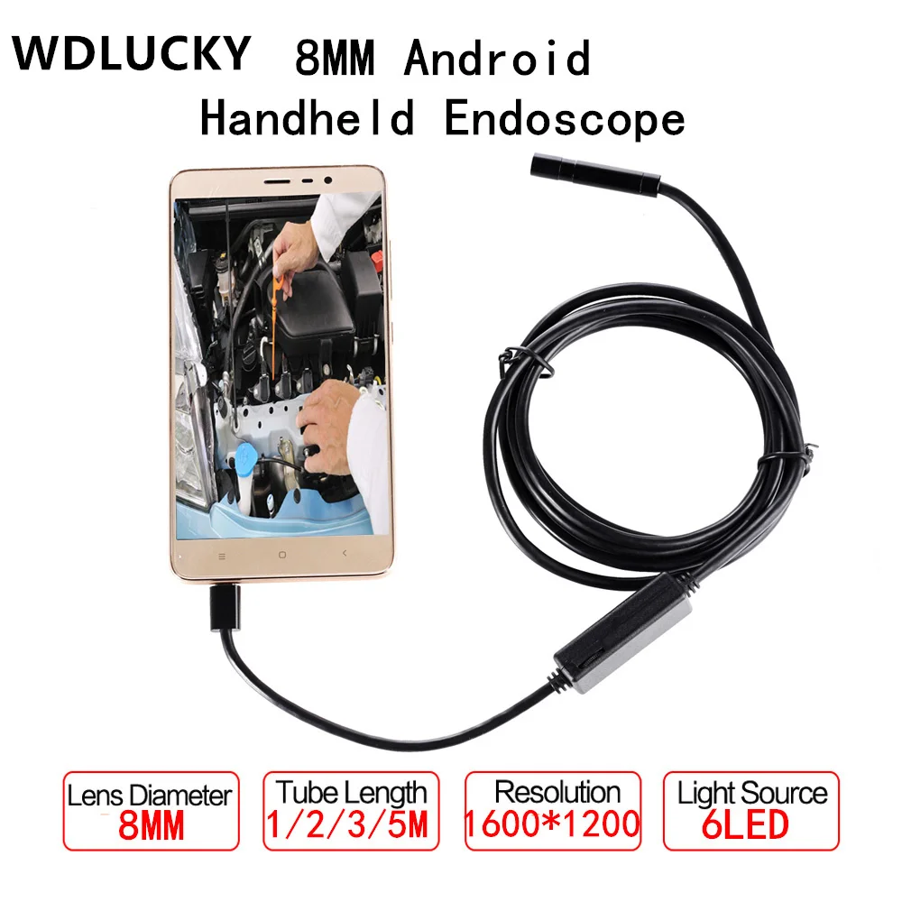 

8MM 2.0MP HD 720P Android Endoscope 6 LED Waterproof Borescope Inspection Camera with 1M/2M/3M/5M Length USB Handheld Cable