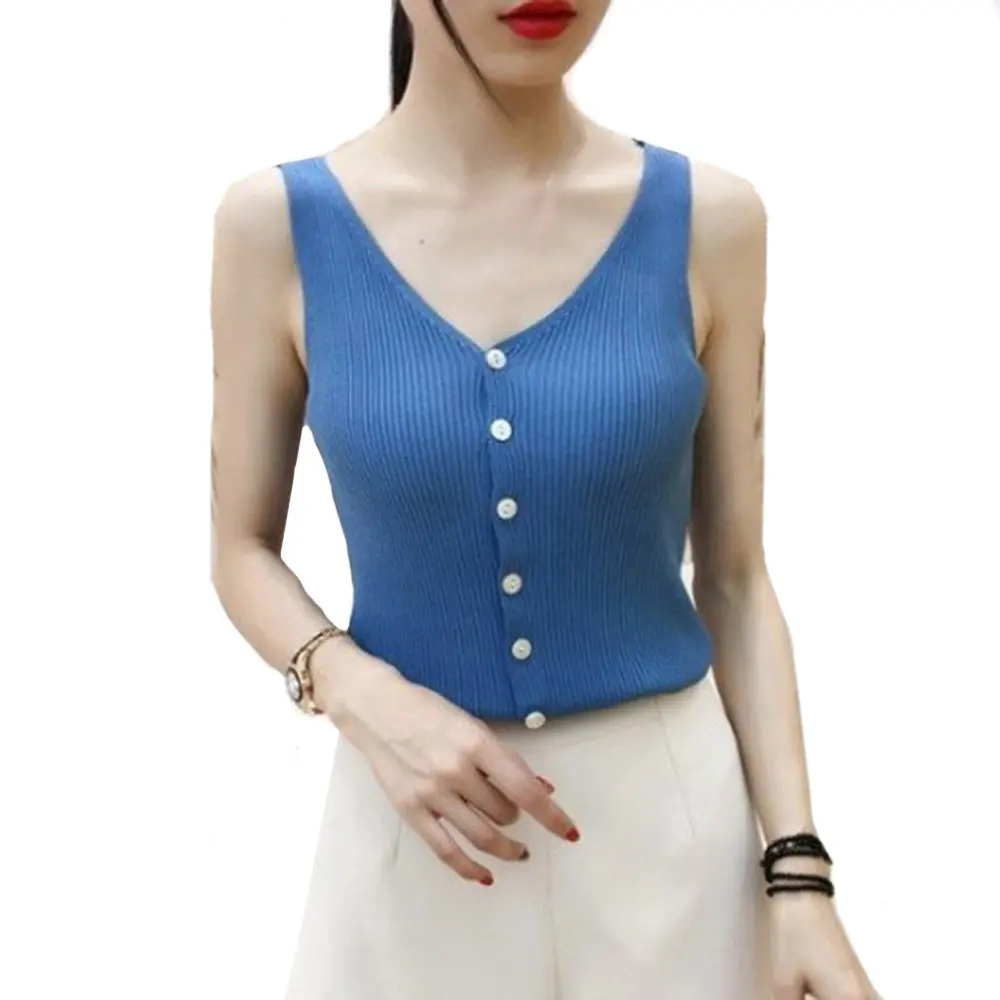 7 Sexy Women Summer Camisole Sleeveless Comfortable V-neck Vest Slim Sling Tank Tops Female Autumn Knit Candy Color Tank Tops - Цвет: 7