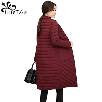 

UHYTGF Fashion Women Winter Jacket light Long Down Cotton Parka Female Coat Standing collar Plus size Cotton Warm Coat Ladie 633