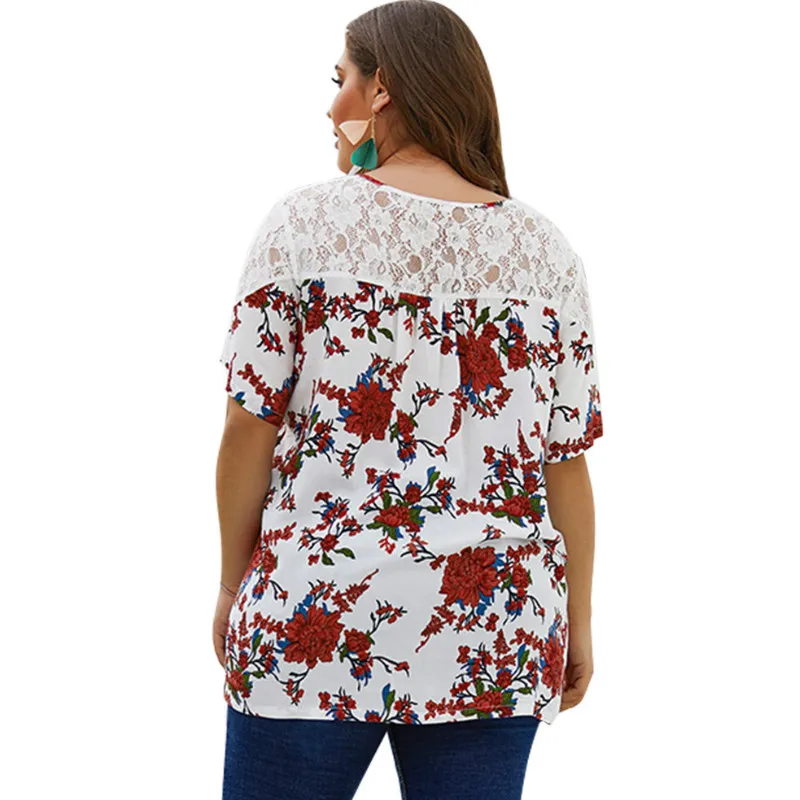 Ovesize Blouse Women Shirts Tops Big Size Floral Print Loose Chiffon Blusas Lce Patchwork Female Shirt Plus Size Mujer A062