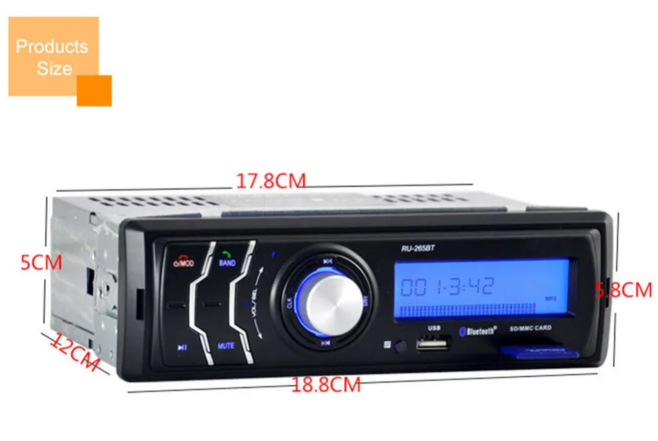 New Car Stereo Audio Bluetooth WMA WAV MP3 Player 12V 1 Din 4 Channel FM Radio In-dash Aux Input Receiver USB SD Remote Control -12