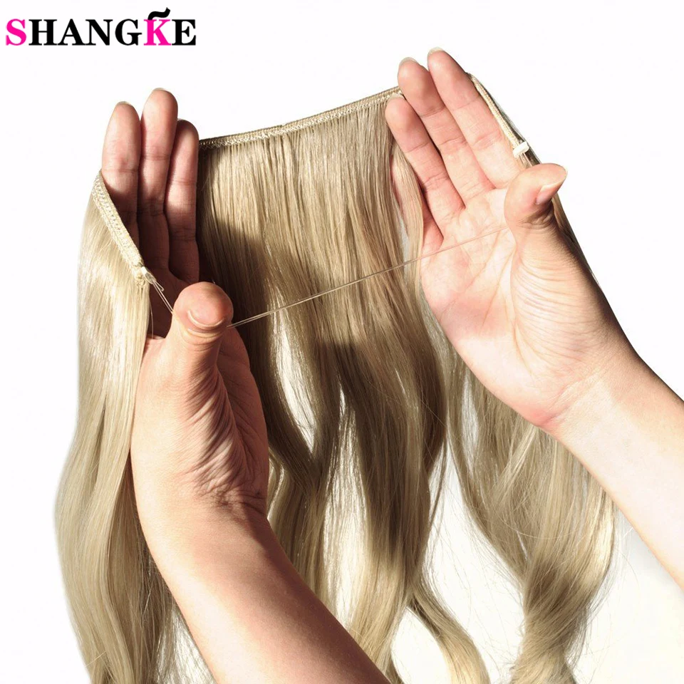 SHANGKE 24inch Long Curly Extension Synthetic Hair Heat Resistant Hairpiece Fish Line Straight Hair Extensions wire hairpiece