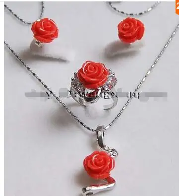 

wholesale Style For Women's Lovely 12MM Hand Carved Pink Coral Flower Earrings/Ring/Necklace Pendant Set