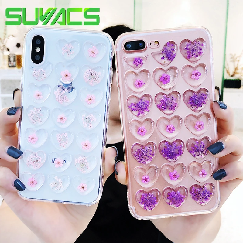 

SUYACS Love Heart Real Flower Transparent Epoxy Soft Case For iPhone XS MAX XR X 6 6S 7 8 Plus Protector Phone Cases Shell Coque